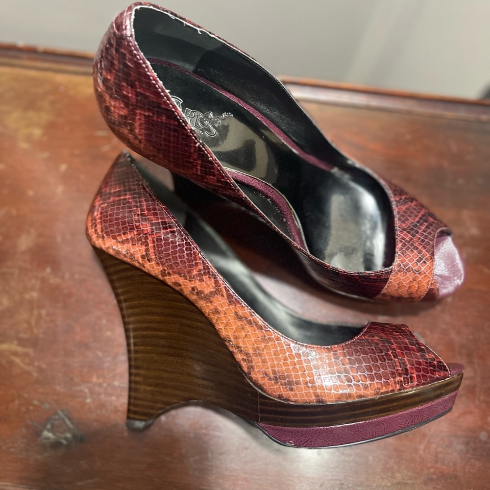 Carlos Santana Red and Brown Wedge Shoes with Peep-Toe Design